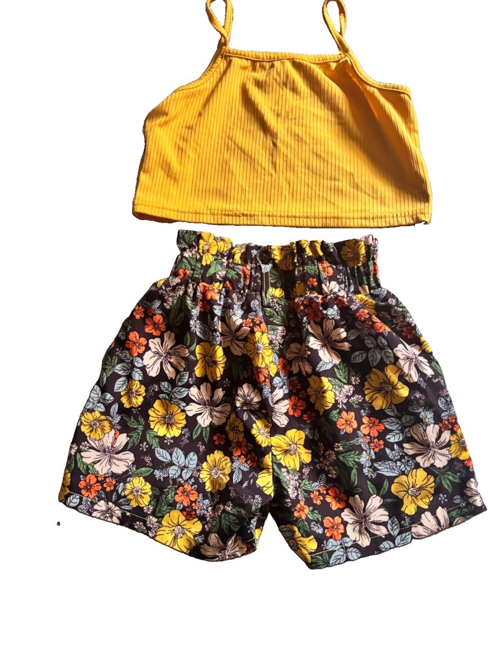 SHEIN Yellow Ribbed Crop Tank with Black Floral Elastic-Waist Shorts